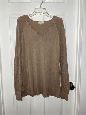 LOFT Taupe V-Neck Cotton/Rayon Blend Knit Tunic Sweater